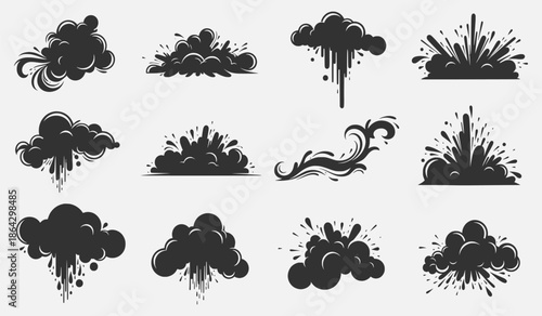 Assorted explosion silhouettes and splatter effects in graphic illustrations
