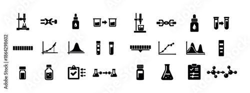 Chemical experiment icons set: equipment, graphs, flasks, molecules, test tubes
