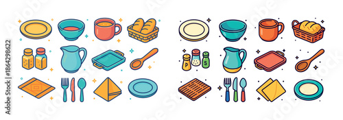 Colorful kitchen utensils and tableware collection in cartoon style