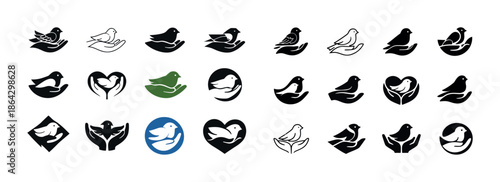 Collection of dove icons: symbols of peace and harmony in various styles