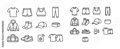Outline icons of athletic apparel and accessories for fitness and sports enthusiasts