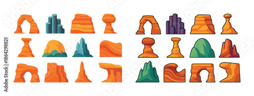 Colorful cartoon rock formations inspired by famous natural landmarks
