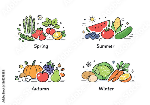 Seasonal Produce Arrangement. Seasonal produce visuals. A clean arrangement of fruits and vegetables associated with different seasons, spaced evenly with
