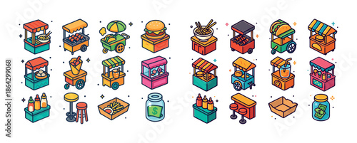 Colorful isometric street food carts and stalls collection