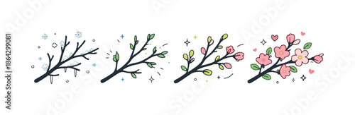 Winter to Spring Transformation. Frosty branches to blooming buds illustration. Minimal winter branches with frost slowly replaced by sprouting buds and