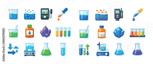 Colorful chemistry icons: laboratory equipment, beakers, and test tubes