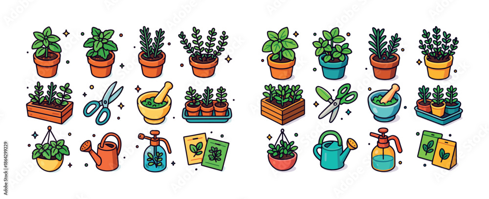 Fototapeta premium Indoor herb gardening collection with tools and planters