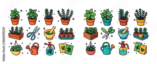 Indoor herb gardening collection with tools and planters