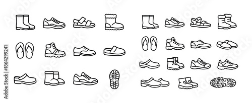 Collection of various black and white shoe and boot outlines