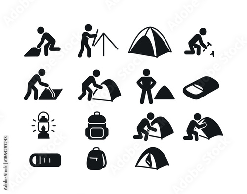 Tent Setup Icons. Tent setup steps. Solid icon set of tent setup