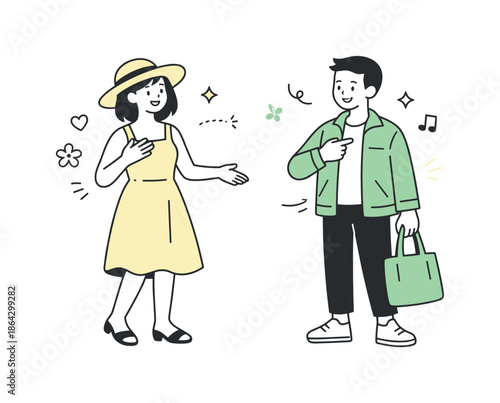 Spring Fashion Comparison. Spring fashion minimal illustration. Two characters comparing outfits, with simple clothing details and friendly interaction. The