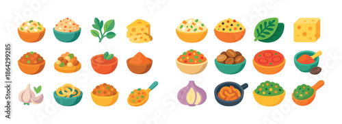 Various colorful ingredients and seasonings in bowls and containers