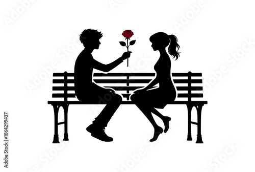 Couple sharing a rose on a park bench isolated on white background, Vector, illustration