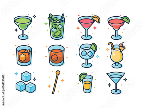 Vibrant Cocktail Icons. Cocktails. Colorful isometric vector ico