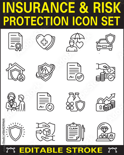 Insurance and Risk Protection Icon Set – Editable Stroke Line Icons for Financial, Health, and Property Coverage