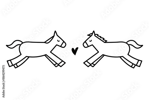 Two horses running side by side isolated on white background, Vector, illustration