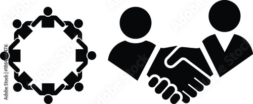 Teamwork Circle Icon and Business Handshake Partnership Symbol