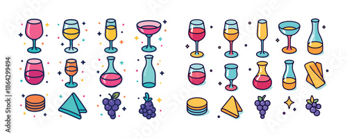 Colorful wine glasses and snacks with grapes and cheese illustration