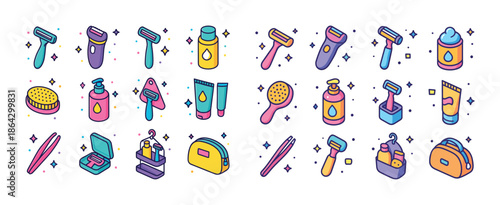 Colorful grooming and skincare tools set with razors brushes cre