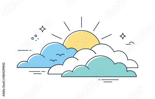 Sunny Clarity. Hopeful sky illustration. Sunshine gently breaking through cloud layers, symbolizing clarity after uncertainty. Calm, minimal stock illustration