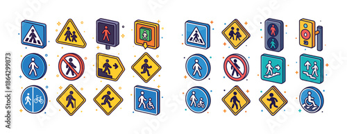 Colorful illustrated pedestrian and traffic signs collection
