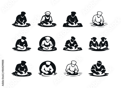 Baker Icons Set. A baker kneading dough by hand on a flour-covered surface. Icon set. Set Logo of a baker kneading dough by hand on a flour-covered surface: