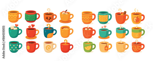 Colorful ceramic mugs collection with decorative hot beverages