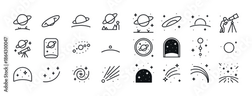 Space exploration icons featuring planets telescopes and constel
