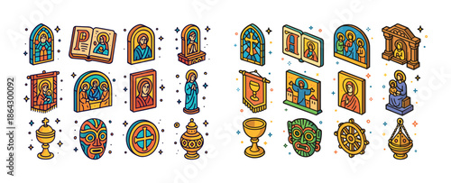 Colorful religious iconography and artifacts collection