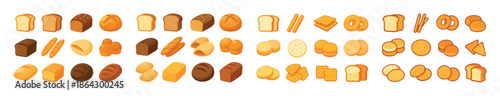 Variety of bread types: sliced, whole, rolls, and loaves collection