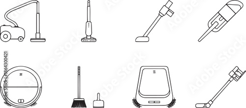 broom, scoop, robot vacuum cleaner. Black and white icon.