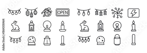 Line art set of decorative icons: lanterns, candles, rabbits, li