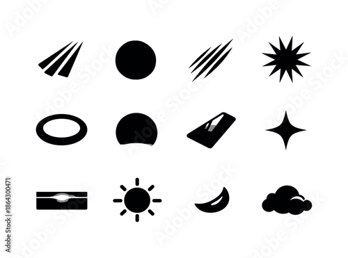 Black Light Texture Icons. Light textures. Solid icon set of Light textures: beam streaks, soft glow, shimmer lines, radiance burst, halo ring, gradient fade,
