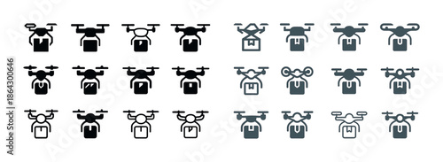 Drone icon set: delivery and surveillance designs in various sty