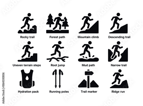 Trail Running Icons. Trail running. Solid icon set of Trail runn