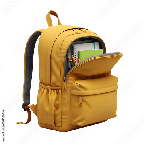 Yellow backpack with open pocket and visible contents
