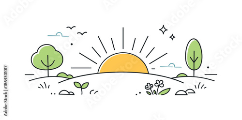 Spring Sunrise Illustration. Early spring morning sunrise. Rising sun with gentle rays, simple trees and fresh ground elements expressing warmth and renewal.