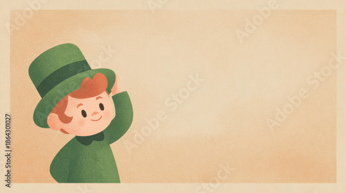 Cute vintage illustration of a boy with red hair and a green hat. St. Patrick Day design element for greeting card and holiday poster. Simple graphic art with copy space for celebration.