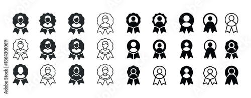 Collection of award ribbon icons featuring silhouetted figures i