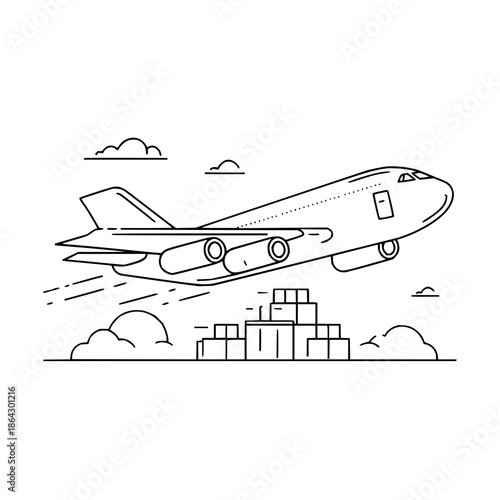 Airplane Taking Off Over City Skyline in Black and White Line Art