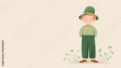 Mid century inspired illustration of a cute leprechaun boy standing among shamrocks. St. Patrick Day design for greeting card or banner.