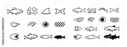 Hand-drawn fish elements collection with various fins, tails, and textures