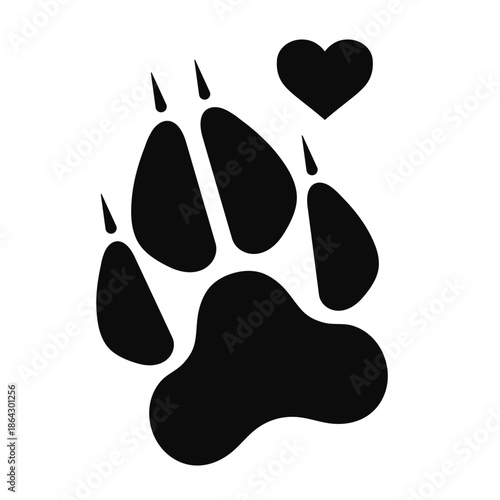 Silhouette of black wolf paw print and heart. Isolated vector illustration on white background.	