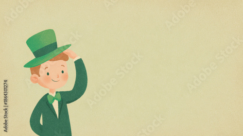 Cute little boy wearing green hat and suit. Mid-20th century retro graphic illustration of a happy kid for St. Patricks Day celebration.
