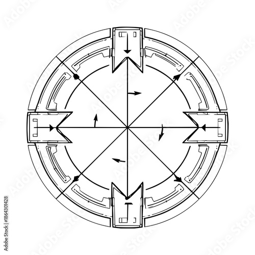 Mechanical Circular Diagram with Arrows and Lines