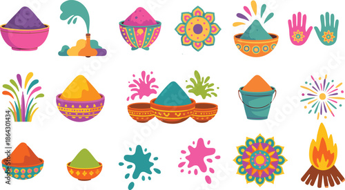 Happy holi celebration colorful icons or doodle set on white background. Banner, header,poster design etc