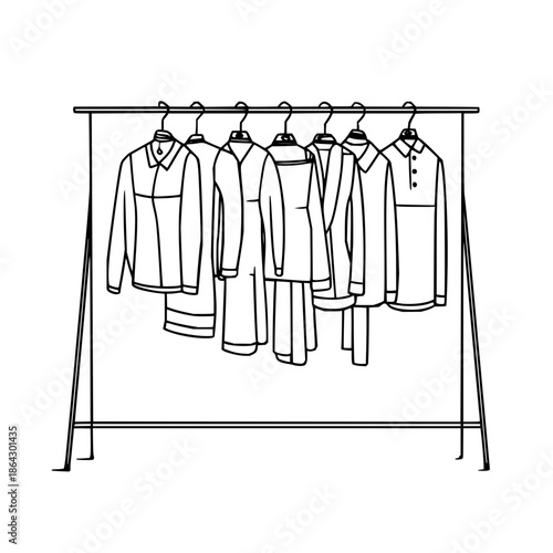 Clothing Rack with Hanging Shirts and Dresses in Black and White Line Art