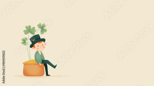 Cute leprechaun boy illustration sitting on a pot of gold with shamrocks for St. Patricks Day celebration and Irish luck concept.