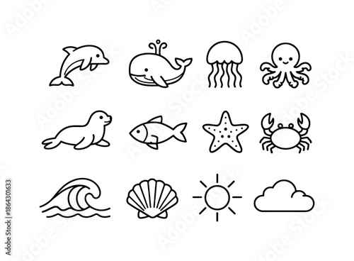 Ocean Life Icons. Ocean life icons. Line icon set of Ocean life icons: dolphin, whale, jellyfish, octopus, seal, fish, sea star, crab, wave icon, shell, sun,