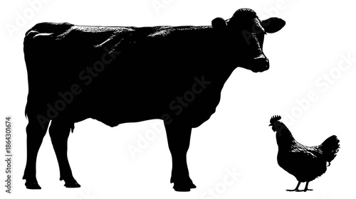 Black silhouette of a cow and a chicken illustrating a significant size difference, isolated on white background.